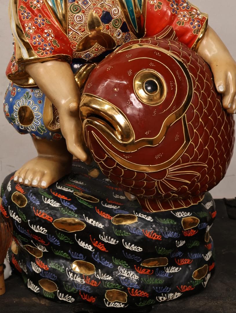 九谷焼　峰光 銘　色絵金彩　恵比寿像　七福神　置物　高さ約62cm　BK125