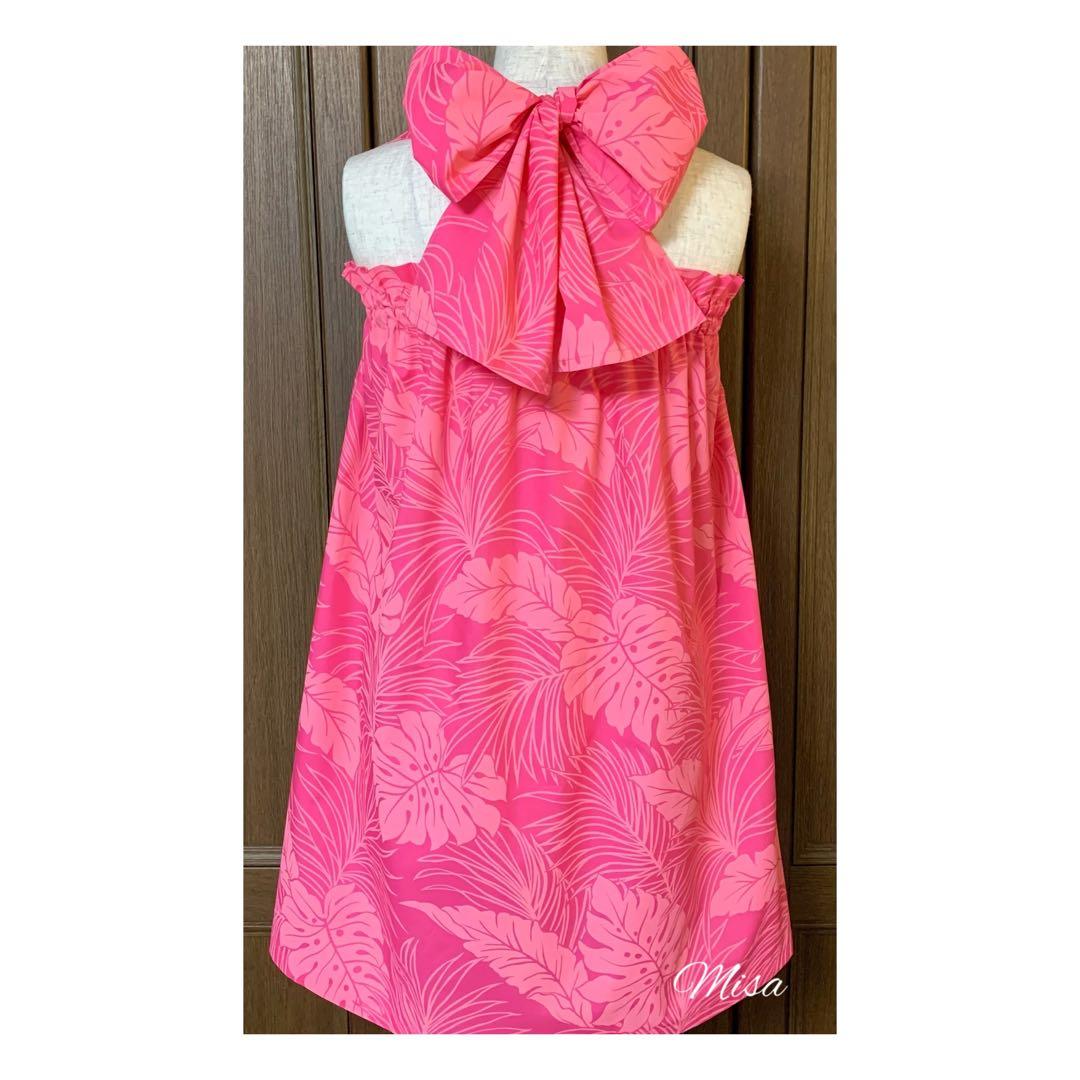 ハワイ生地ピンクリーフ柄リボンドレス　期間限定SALE
