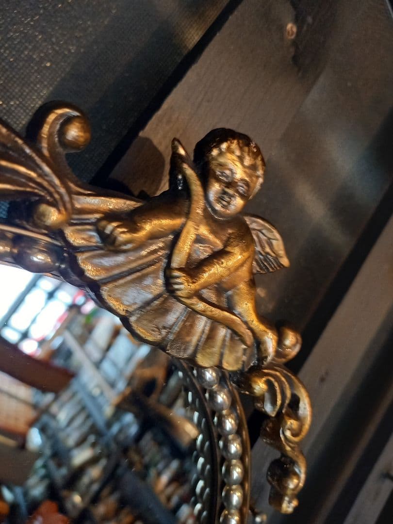 ヴィンテージ　オーバル形　真鍮製　エンジェル　トップ　パール　ビーズ　　ミラー