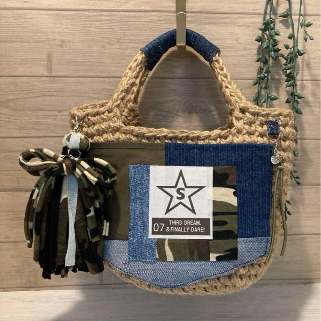桔梗様 ハンドメイドバッグ デニムリメイクバッグ リメイクデニム カゴバッグ