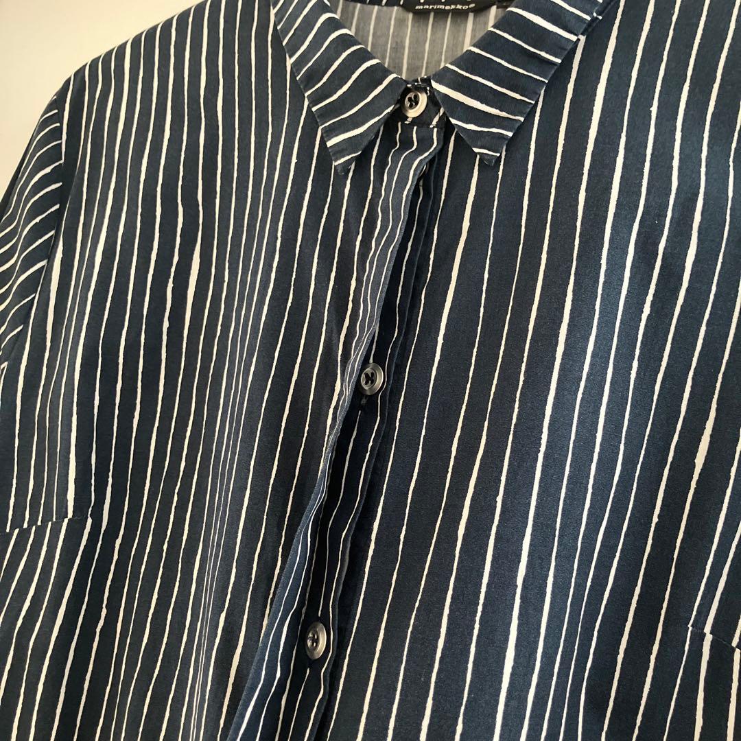 【美品】マリメッコ　シャツワンピース　PICCOLO 縦縞　銀ボタン　ピッコロ