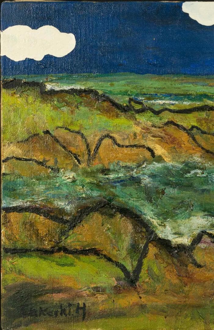 林武　油彩　肉筆『奥伊豆』表サイン　裏サイン　共シール　F6号　額無　b797