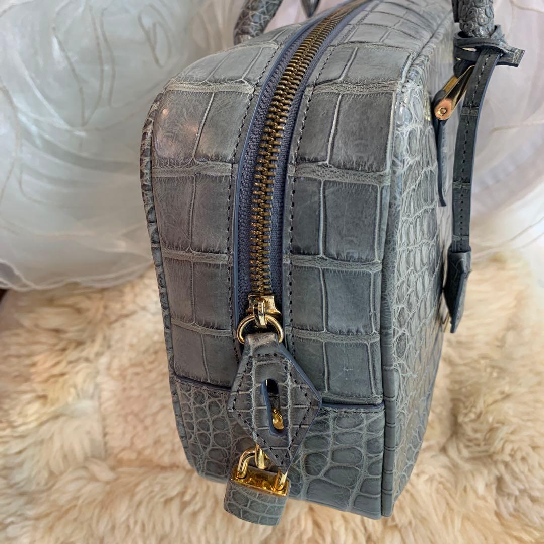 ☆新品同様☆JRA認定 クロコダイル ハンドバッグ スクエア型 グレー