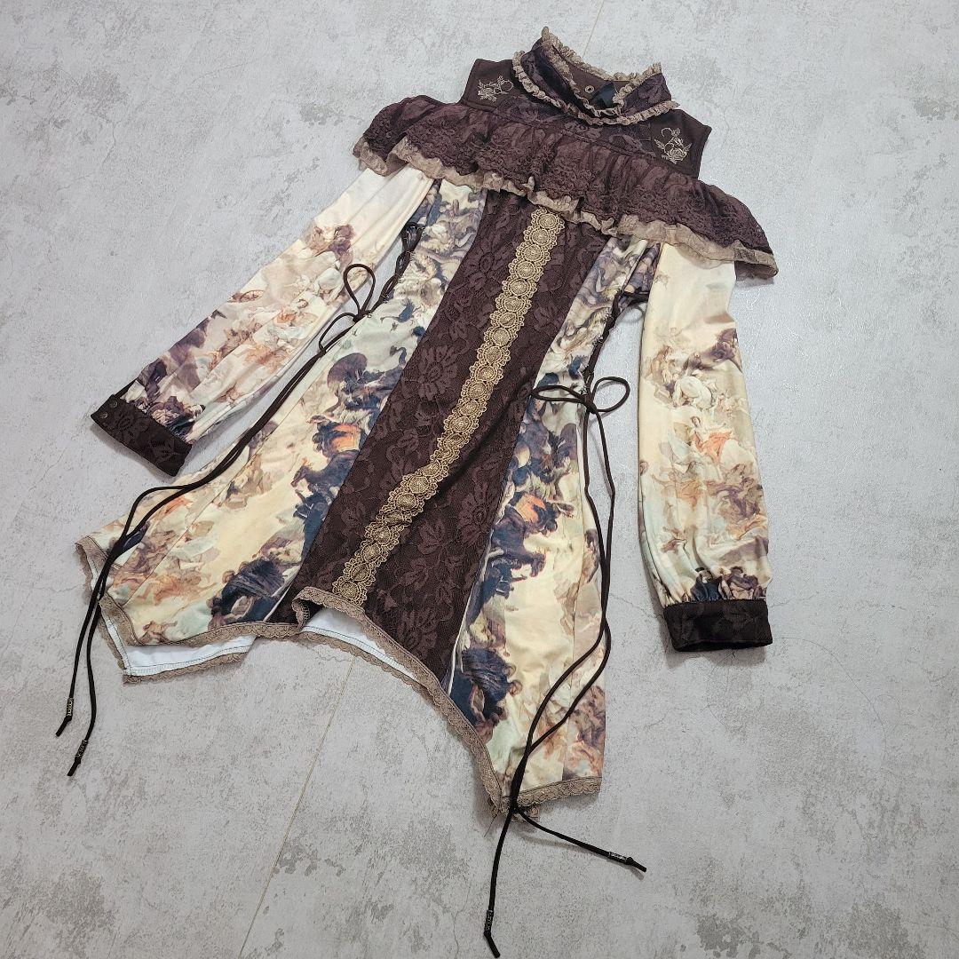 美品 オッズオネスト 天使柄 肩出しレースアップワンピース 茶