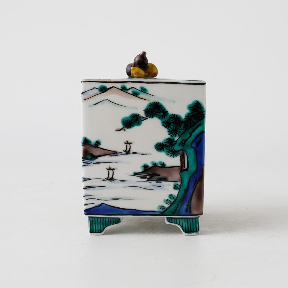 T　九谷焼　清香造　三保松原図　瓢箪　香具　茶道具　茶器　陶器　色絵　共箱