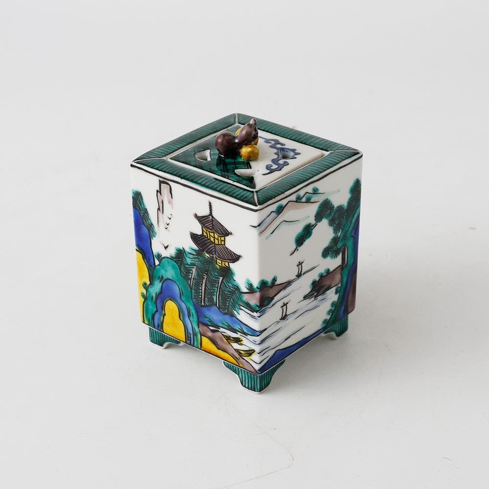 T　九谷焼　清香造　三保松原図　瓢箪　香具　茶道具　茶器　陶器　色絵　共箱