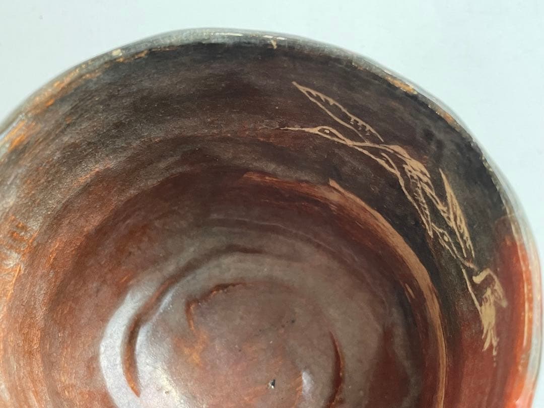 陶芸家　十二代　樂吉左衛門　弘入　鶴之画　赤筒茶碗　十五代識箱　共箱　赤楽茶碗