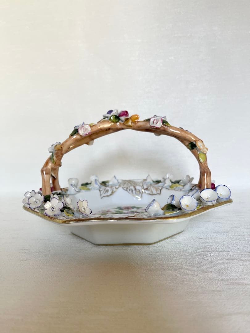 花柄装飾 八角形陶器バスケット