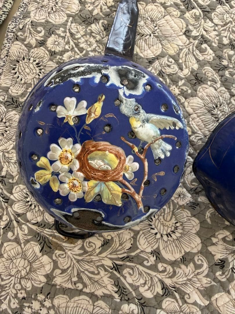 フランスアンティーク激レア小鳥の絵柄ハンドペイントのホーロースキマーと片手鍋