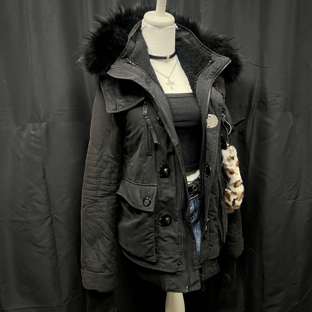 平成ギャル y2k グランジ　ファー付き　モッズコート　ブラック　ダークコア