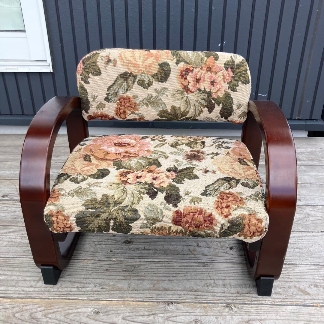 昭和レトロ 花柄ゴブラン織り 木製座椅子 アームチェア ウッドチェア クラシック