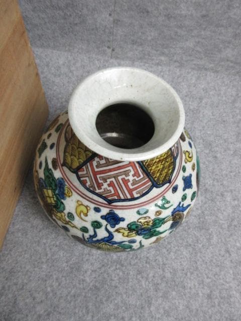 九谷焼二重角福印青手鳳凰図花瓶箱入り [B28230]