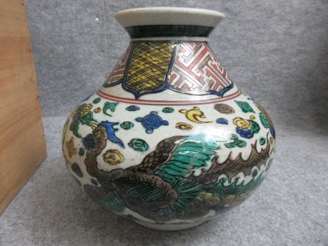 九谷焼二重角福印青手鳳凰図花瓶箱入り [B28230]