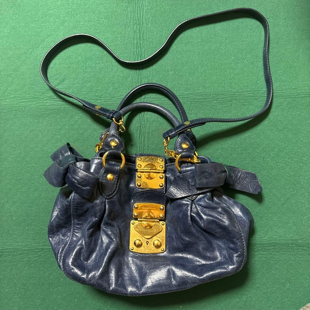 miu miu VITELLO LUX ハンドバッグ 2way リボン ブルー