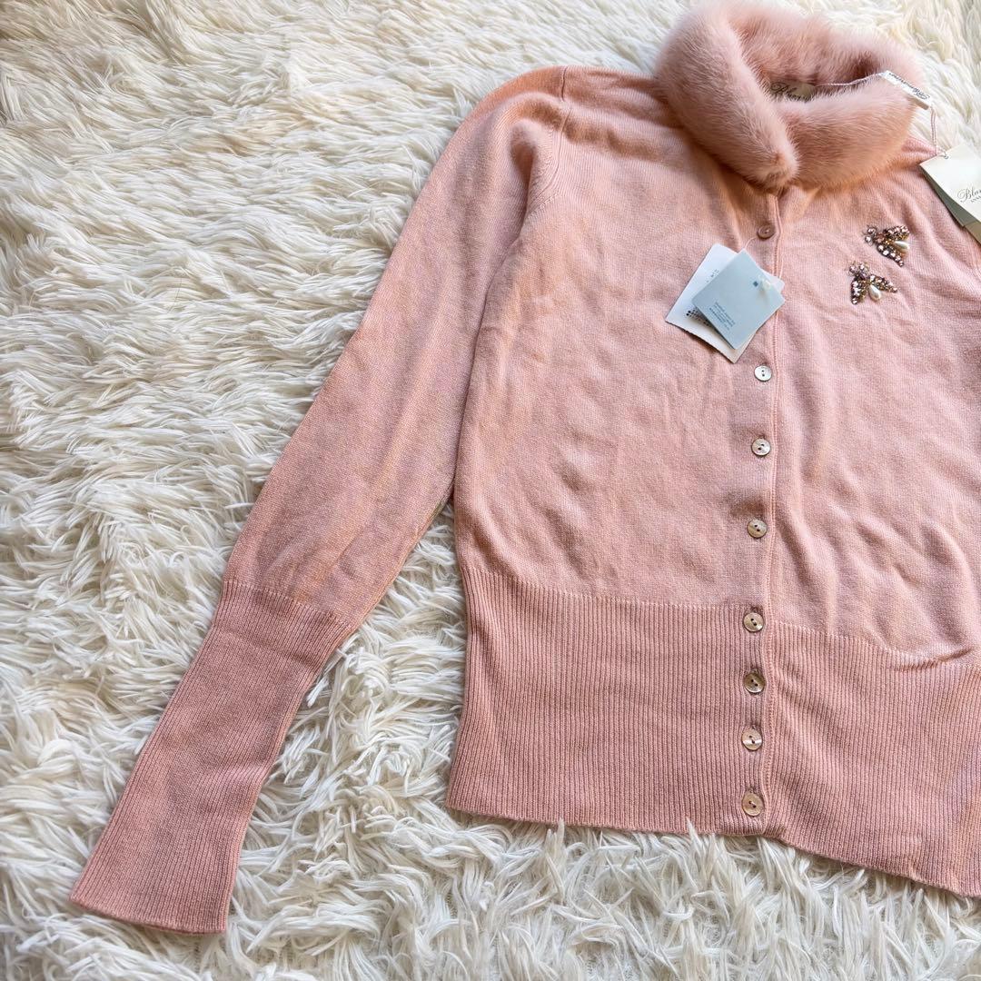 新品タグ付 ブルマリン ミンクファー襟付き カシミヤ混ビジューニットカーディガン