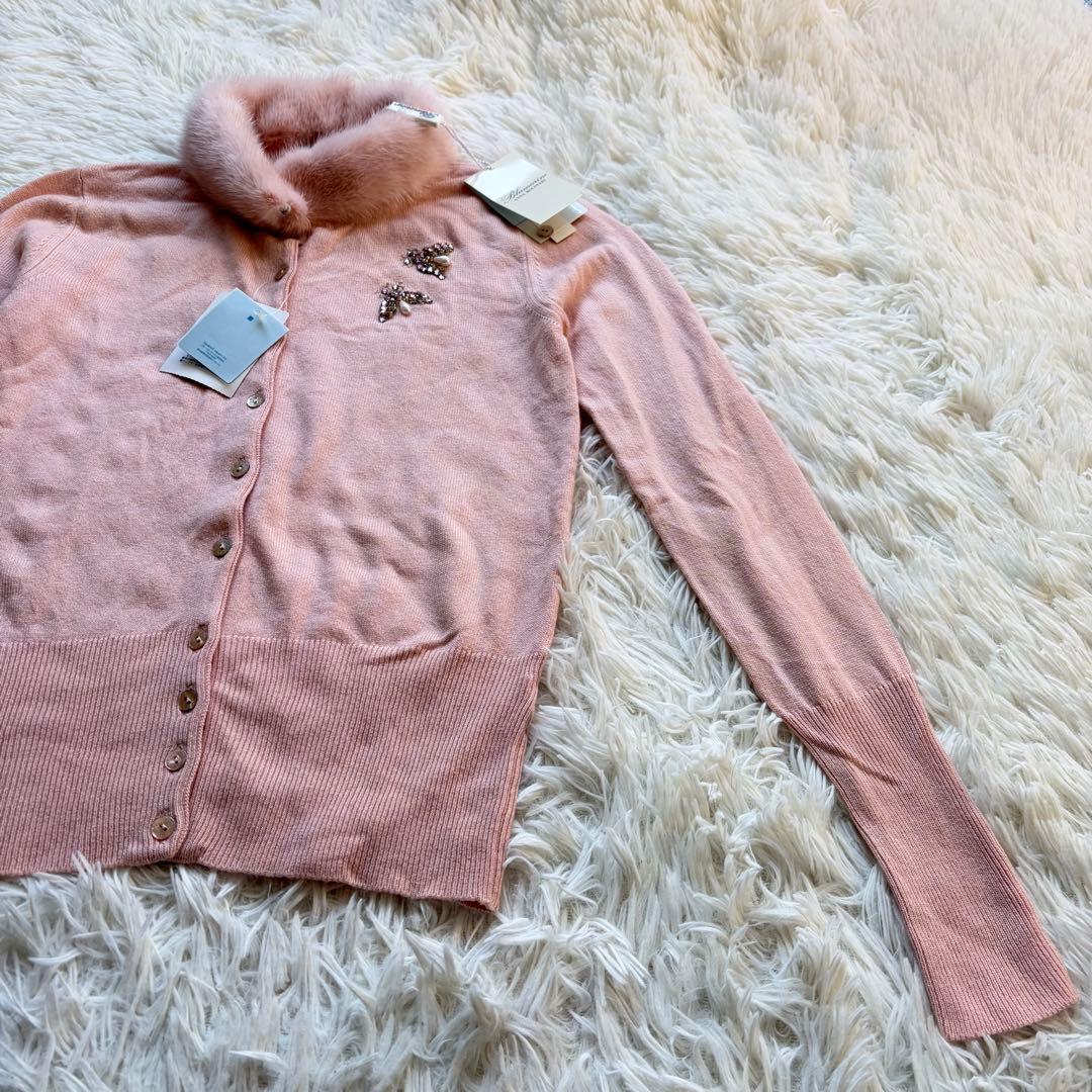 新品タグ付 ブルマリン ミンクファー襟付き カシミヤ混ビジューニットカーディガン