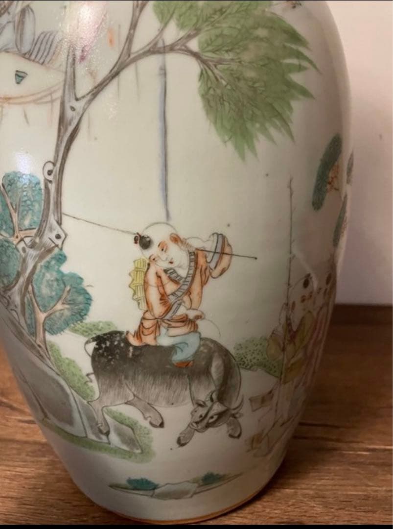 中国古美術 清末民国時代　豆青釉浅降彩大花瓶42cm　漁樵耕読