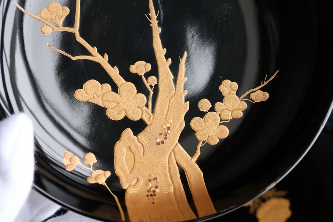 【CM416】訳あり 天然木漆塗 月と梅 福寿草 金蒔絵 黒塗椀 五客 大正昭和