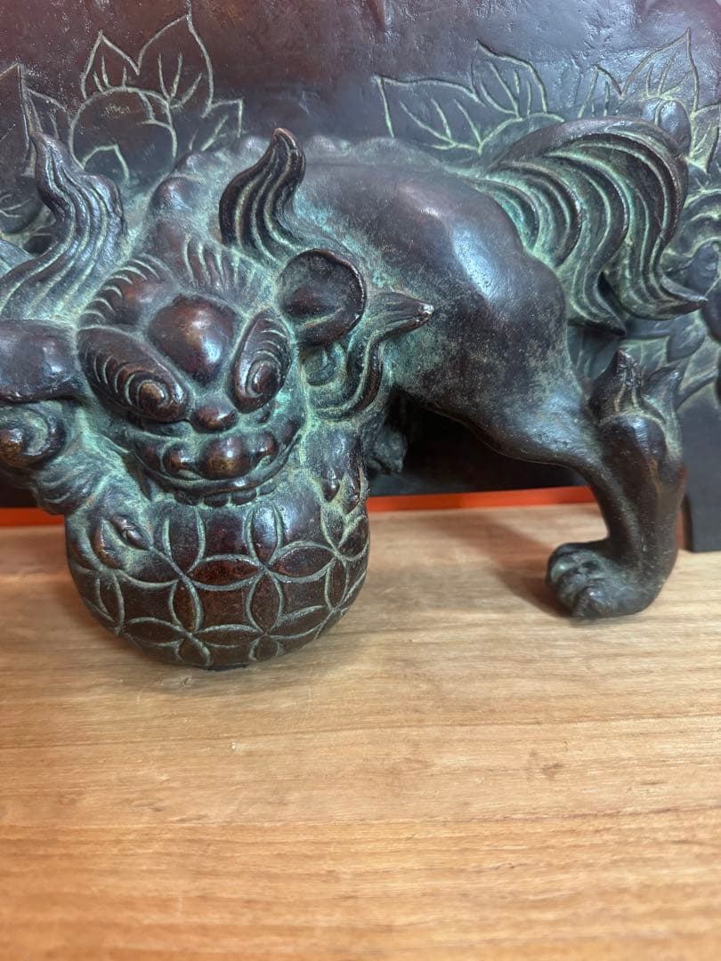 1737 名人　大国寿郎作　牡丹獅子置物　銅製　時代物