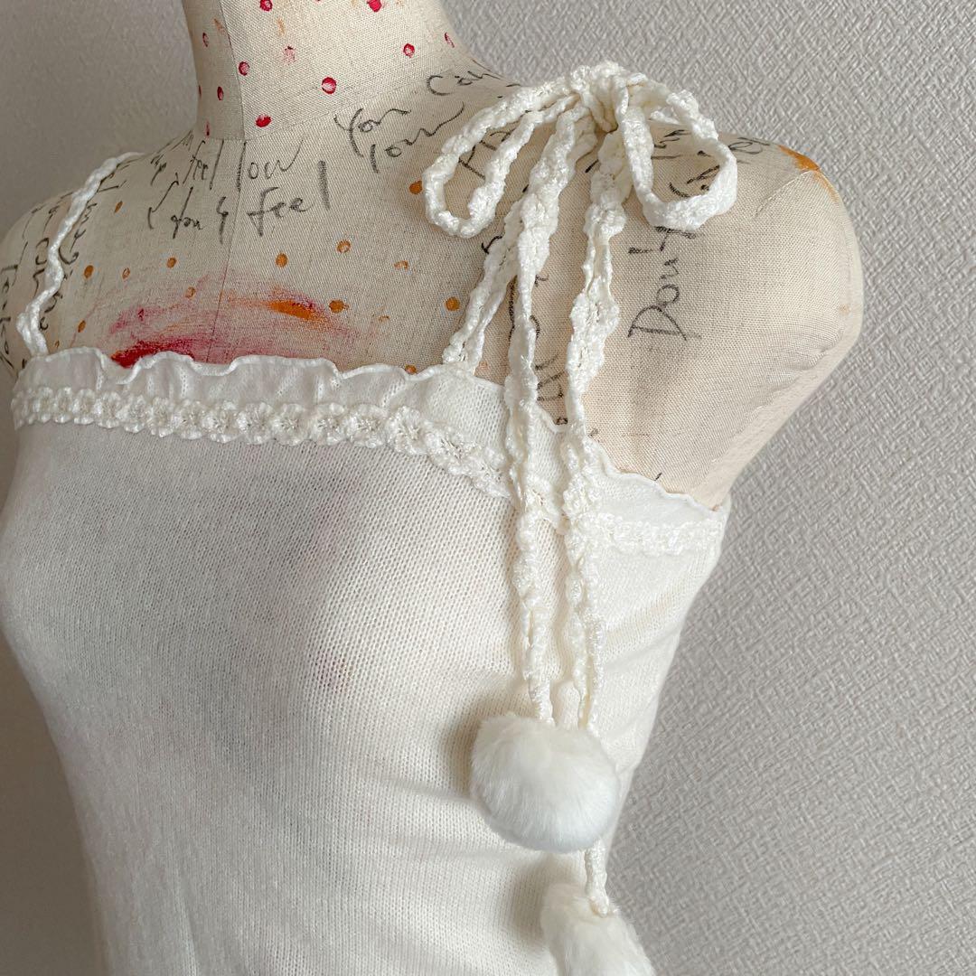 00s 希少 LIZLISA 旧タグ ぽんぽん付リボン レース紐ニットキャミ