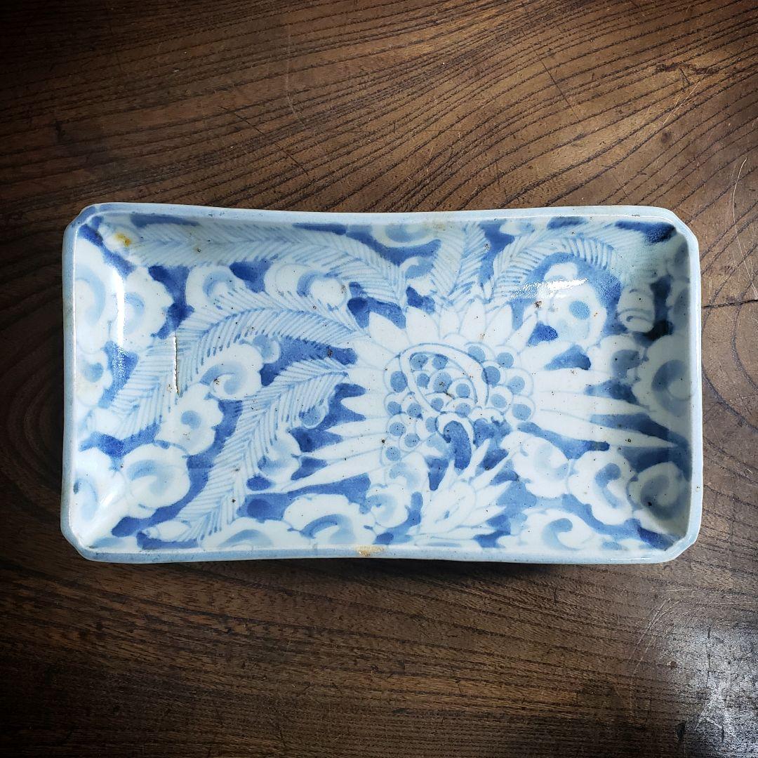 長皿　古伊万里　角皿　染付　鳳凰　雲 江戸