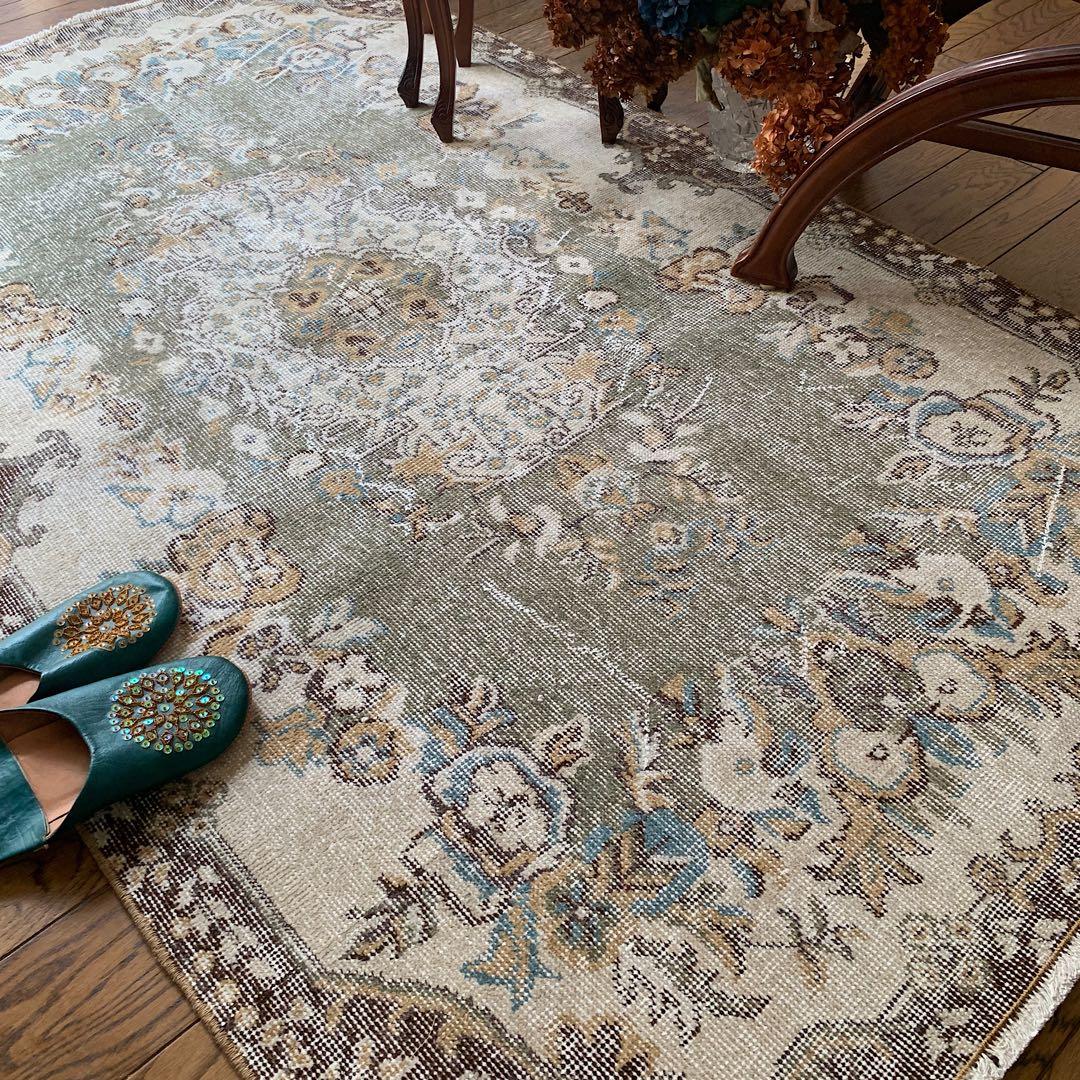 トルコヴィンテージラグ　超レア　スモーキーグリーン　193×116 ボタニカル