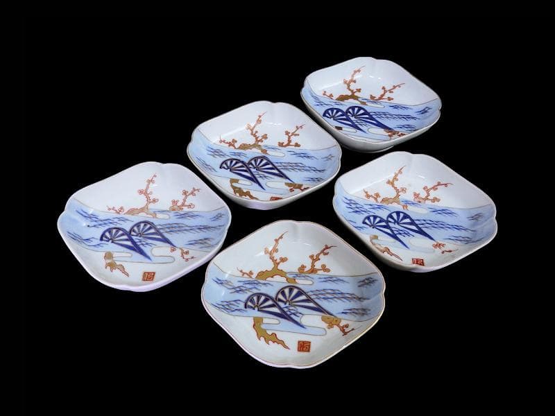 古伊万里　染錦　青海波に梅の図　菱形変形皿　５客　534AS-DBf