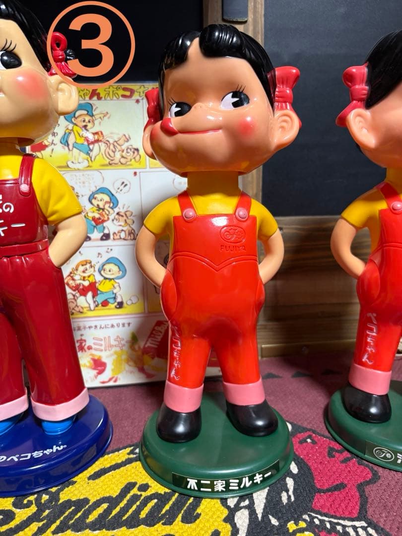 ★非売品★不二家★ペコちゃん★人形★5体★首ふり★赤ヘッダー★企業広告1枚★