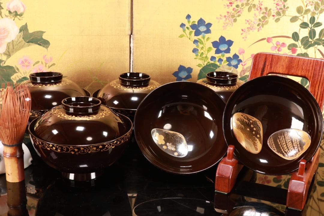 macaron BJ093 時代輪島塗　貝尽くし蒔絵　吸物椀　五客　木製