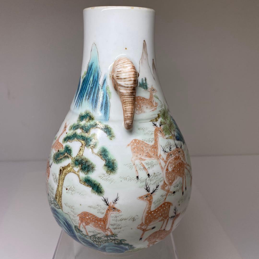 専用　中国清時代大清乾隆年製粉彩鹿の図花瓶　高さ21.3㎝東Y7-0314☆2F