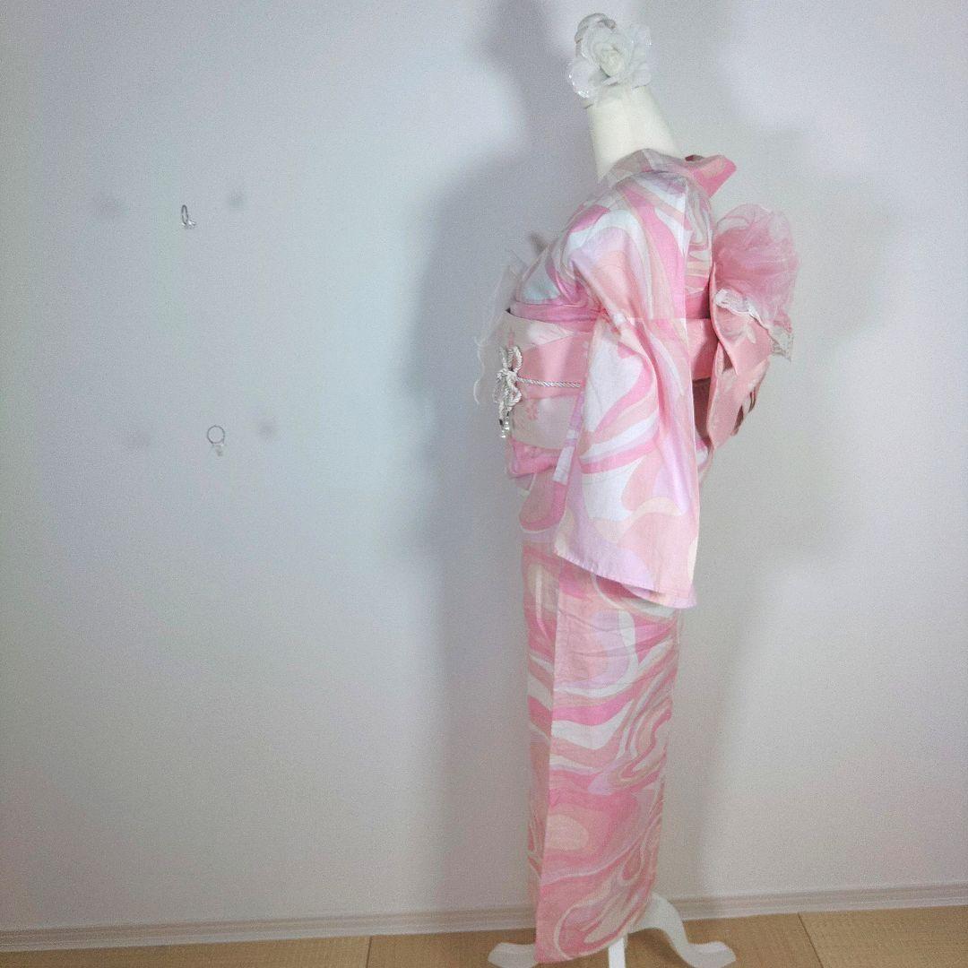 レディース　浴衣セット　身丈158cm　ピンク　作り帯　白　兵児帯　リボン　巾着