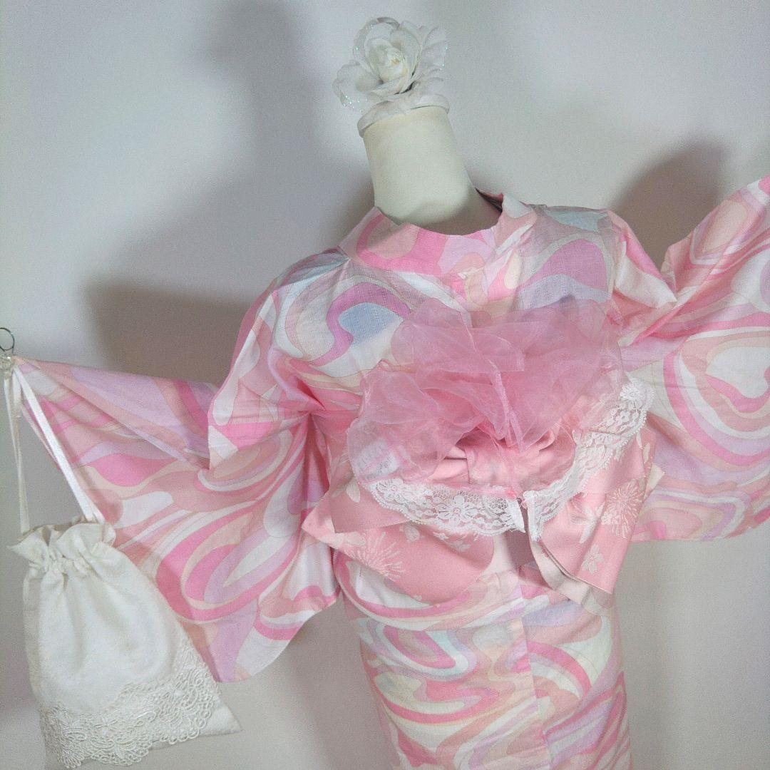 レディース　浴衣セット　身丈158cm　ピンク　作り帯　白　兵児帯　リボン　巾着