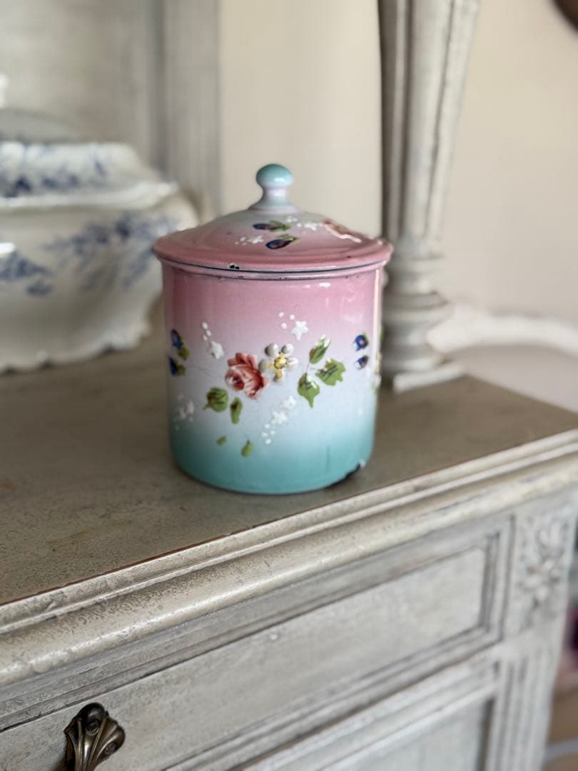 フランスアンティークホーロージャピー社ハンドペイントのマリアージュキャニスター