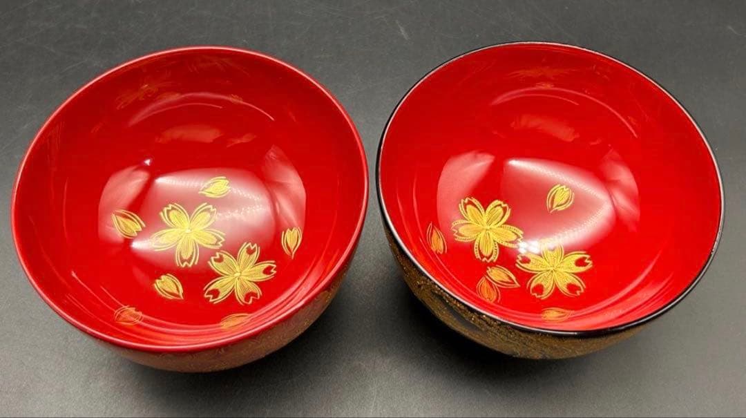 【希少品】沈金　川連漆器　お椀　大関 廣　雅号・廣道　桜　松　赤　黒　名入り