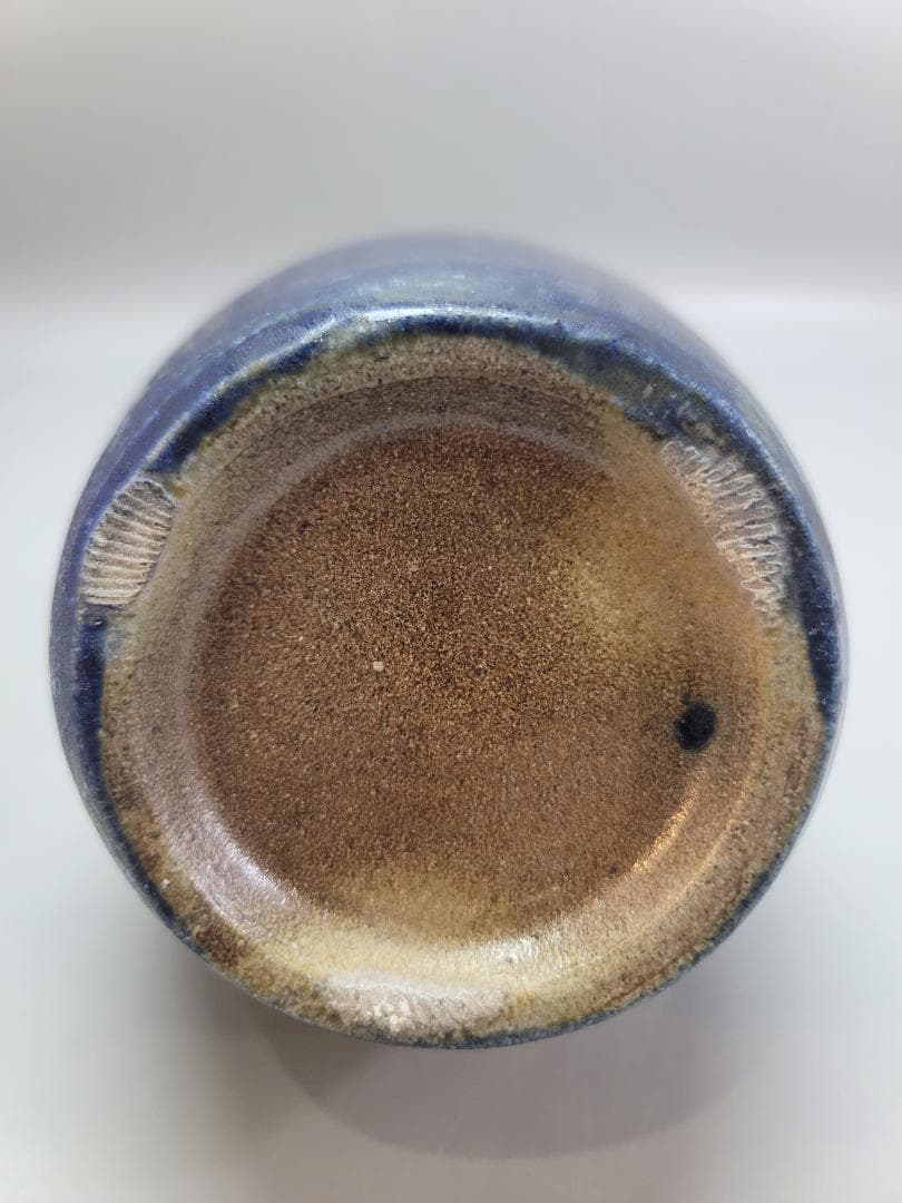 浜田晋作 作 藍釉面取 花瓶 共箱 DT544