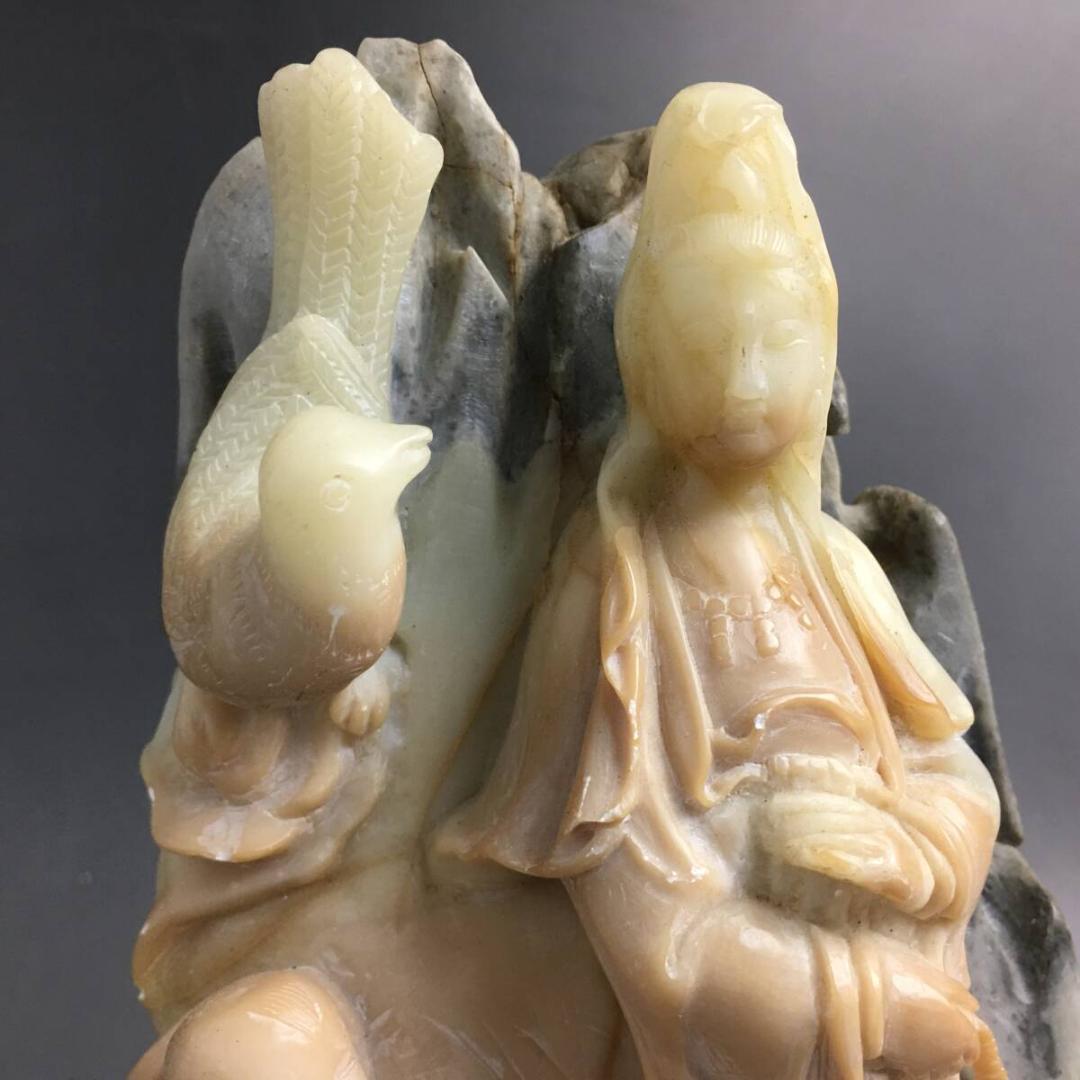 中国美術 唐物 寿山石 観音菩薩立像 童子 鳥 置物 約1.3kg