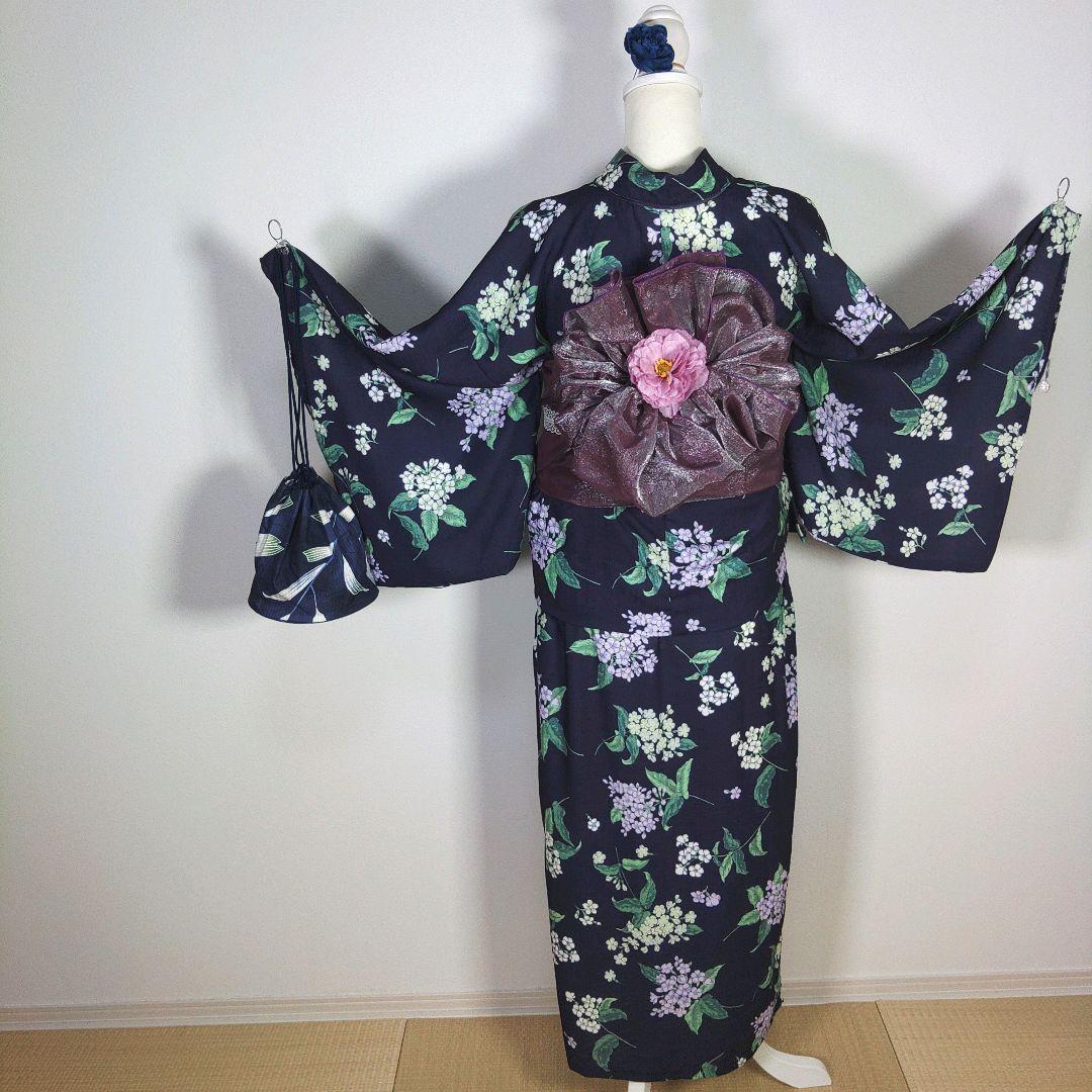 セパレート　二部式　レディース　浴衣　フリーサイズ　ネイビー　花柄　兵児帯　新品