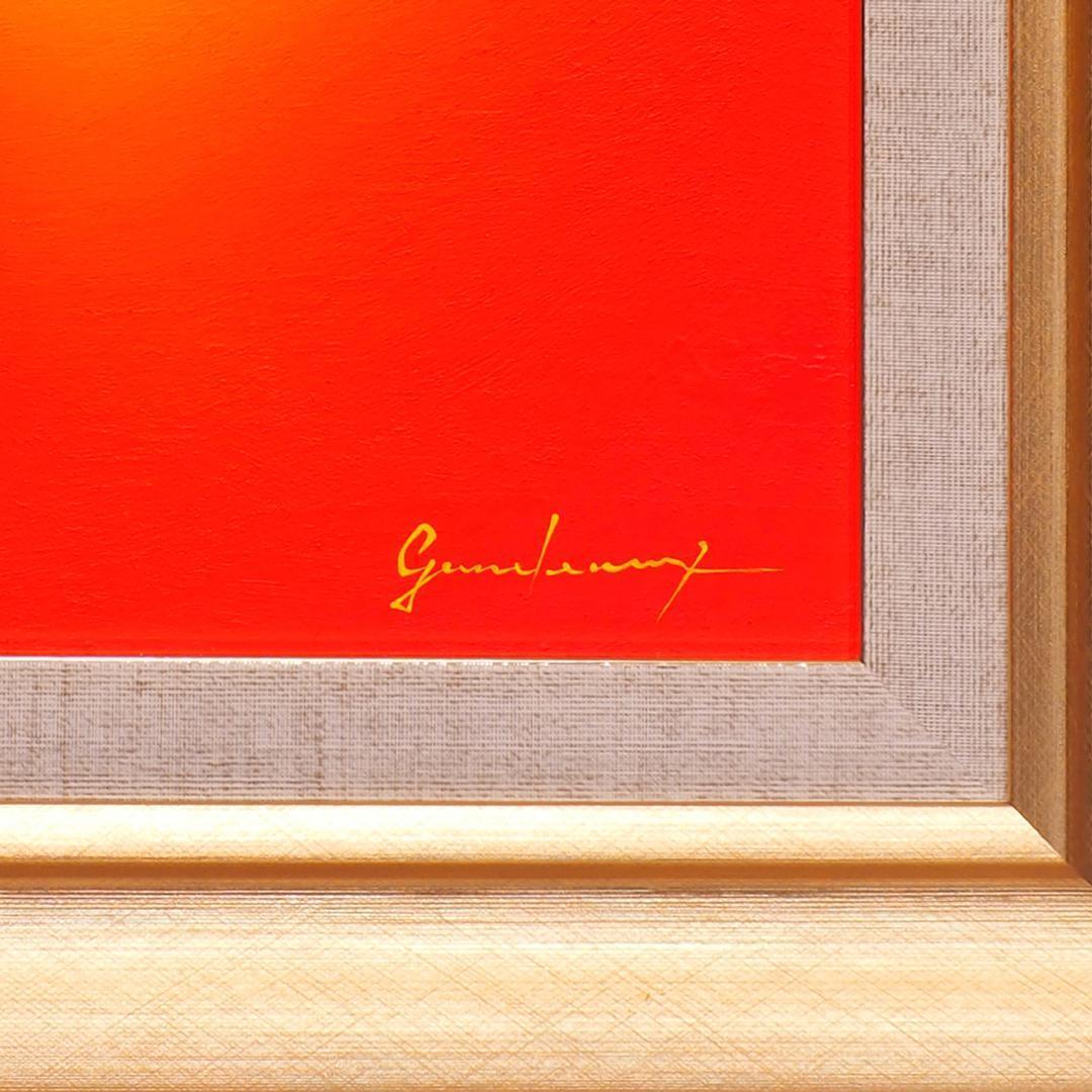 黄金の太陽と燃える焔のような赤富士山▲がんどあつし油絵金箔二号色純金96.72%