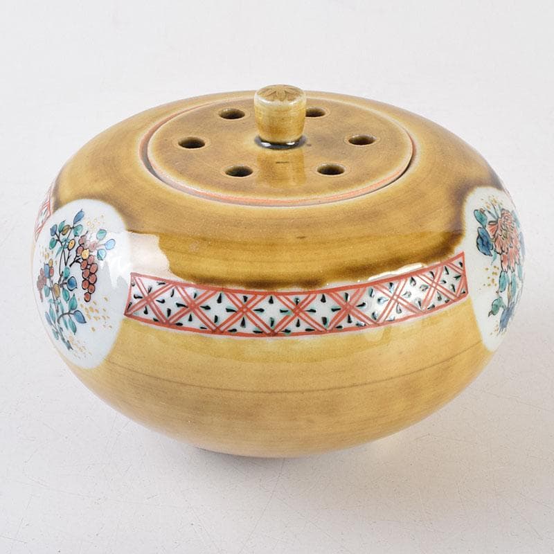 九谷焼　秋塘陶園　中村翠恒作　色絵　丸花文　透かし蓋　香炉　共箱　C　R9250