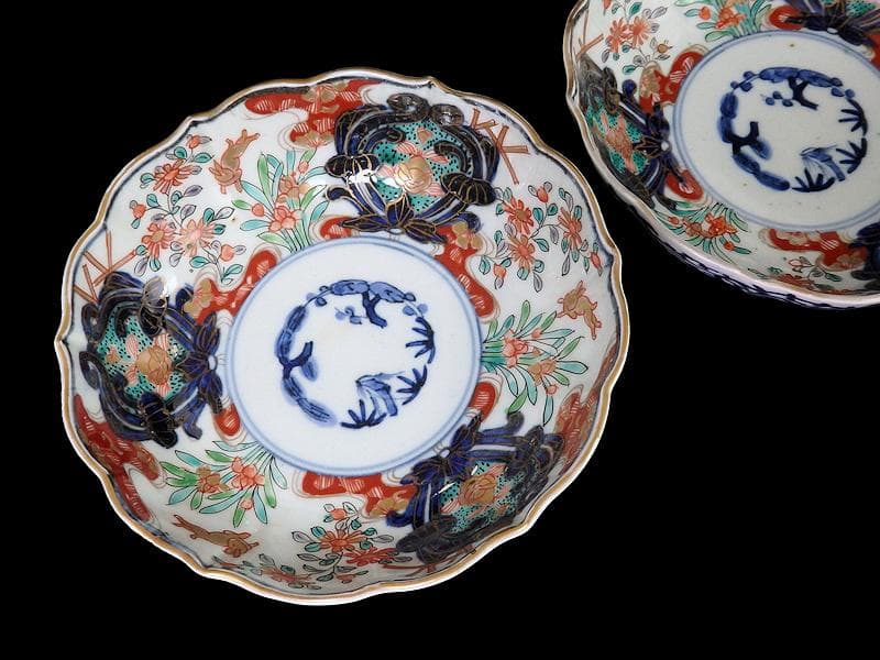 古伊万里　金襴手　兎に花の図　膾皿　２客　B338AS-CVa