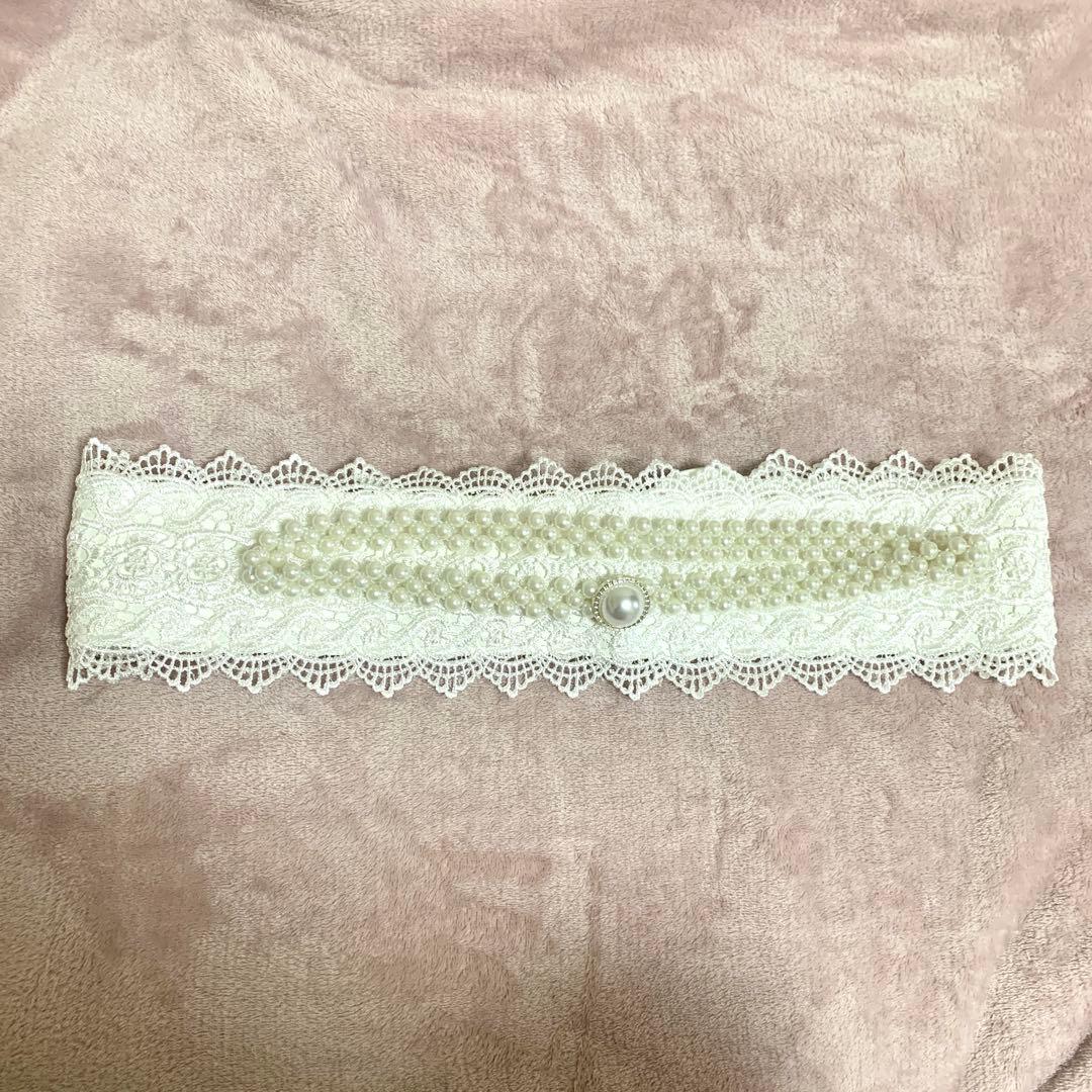 ホワイトレース浴衣・帯ベルト、パールベルト、半衿、レースグローブセット