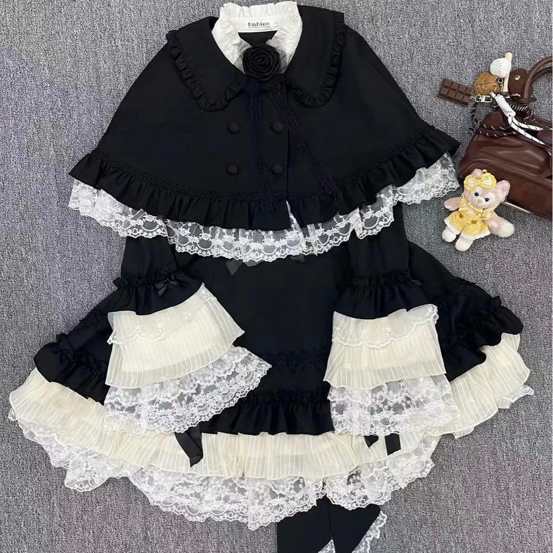 ゴスロリ ロリータ ワンピース マントポンチョ付き ブラック系 ドレス