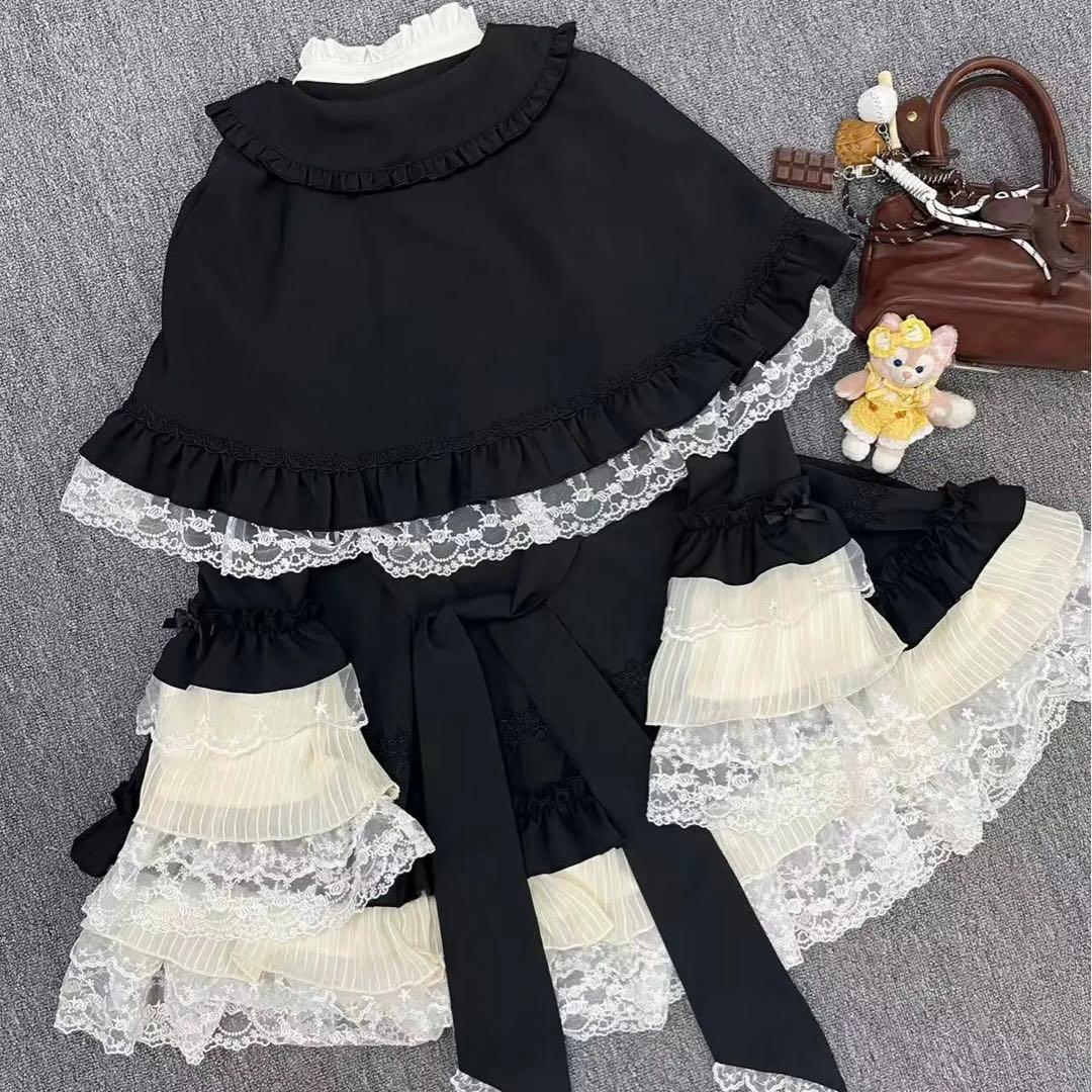 ゴスロリ ロリータ ワンピース マントポンチョ付き ブラック系 ドレス