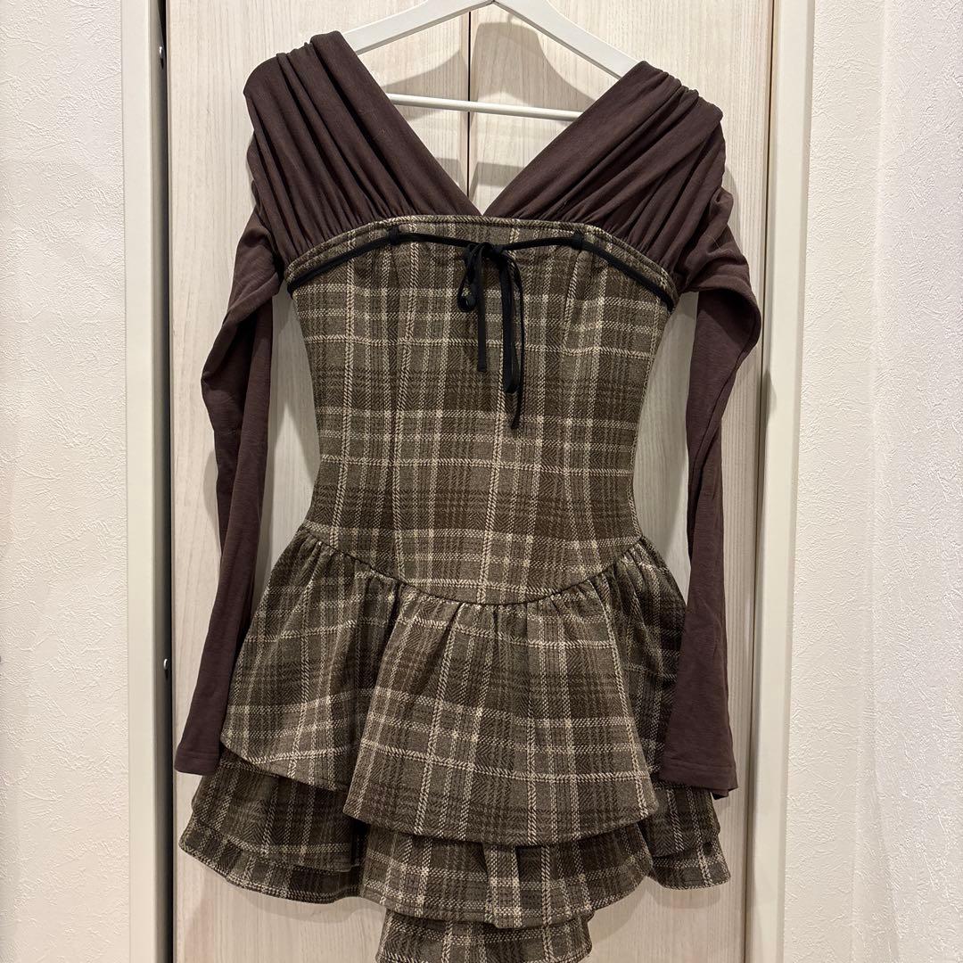 bubbles チェックレイヤードワンピース ブラウン