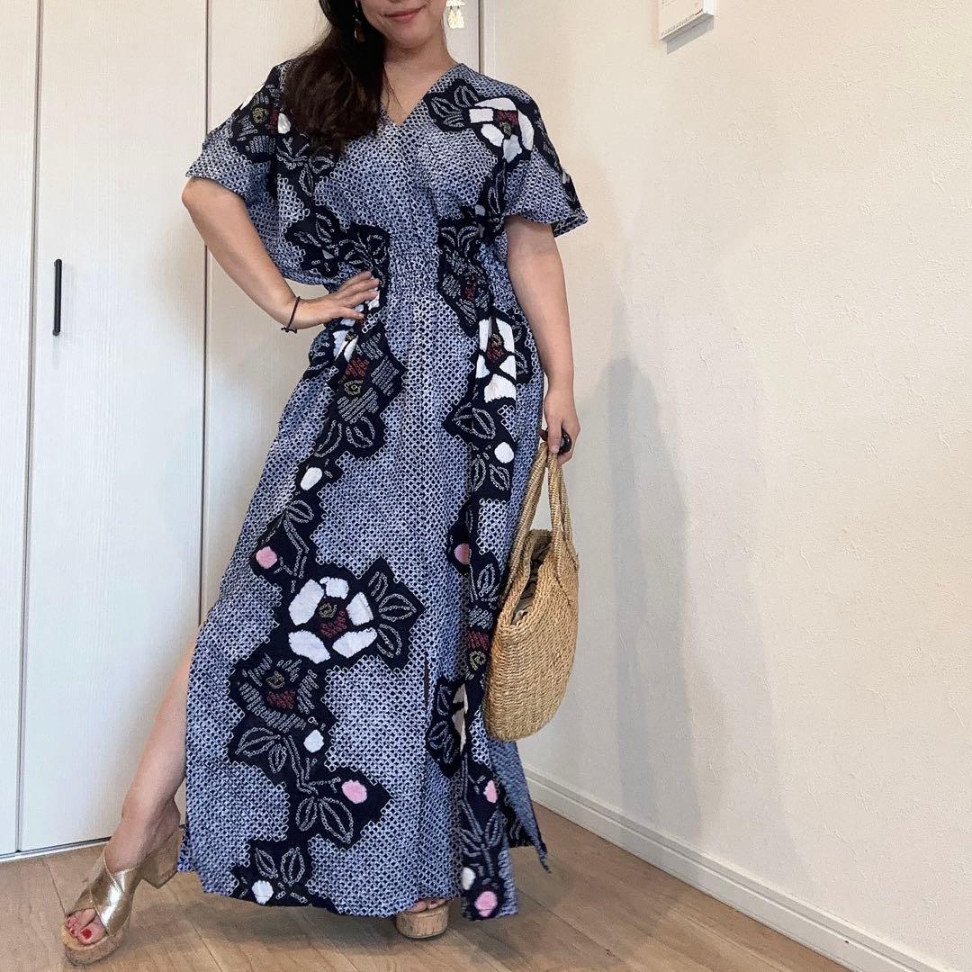 浴衣　リメイク　有松絞り　ワンピース ハンドメイド　ロング　白　紺　ピンク