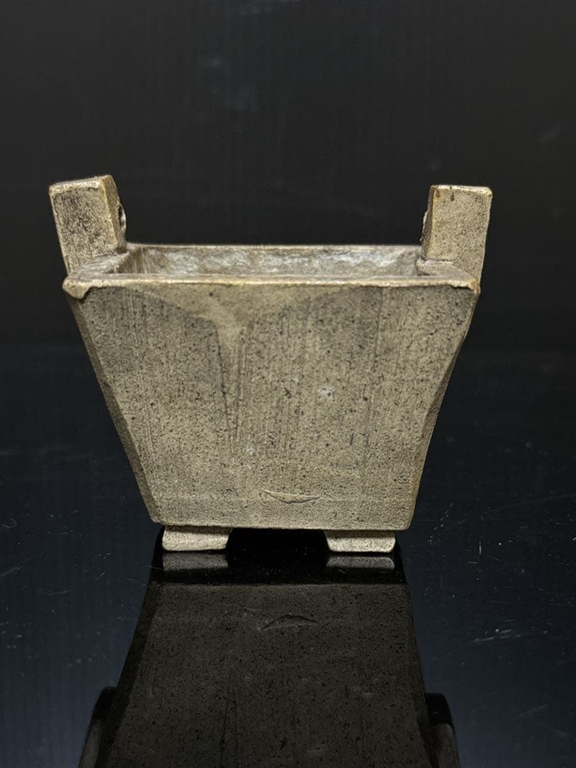 珍品 平安 名人 東福寺 在銘 白泥 耳付箆目四方型 香炉 盆栽鉢 水盤 初期