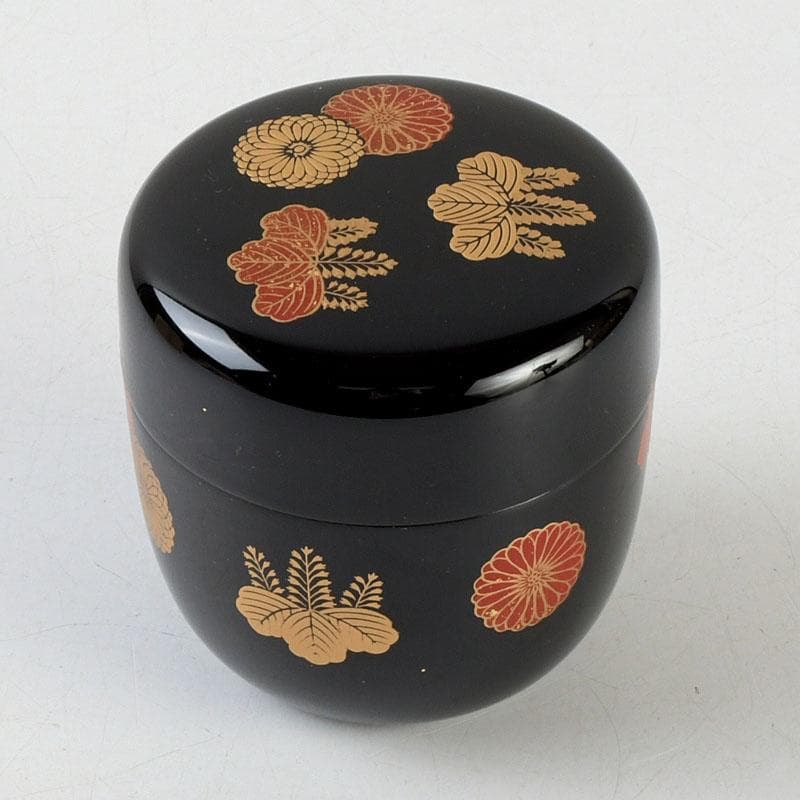 茶道具　和田寿峰作　水目　黒真塗　菊桐蒔絵　中棗　共箱　V　9378