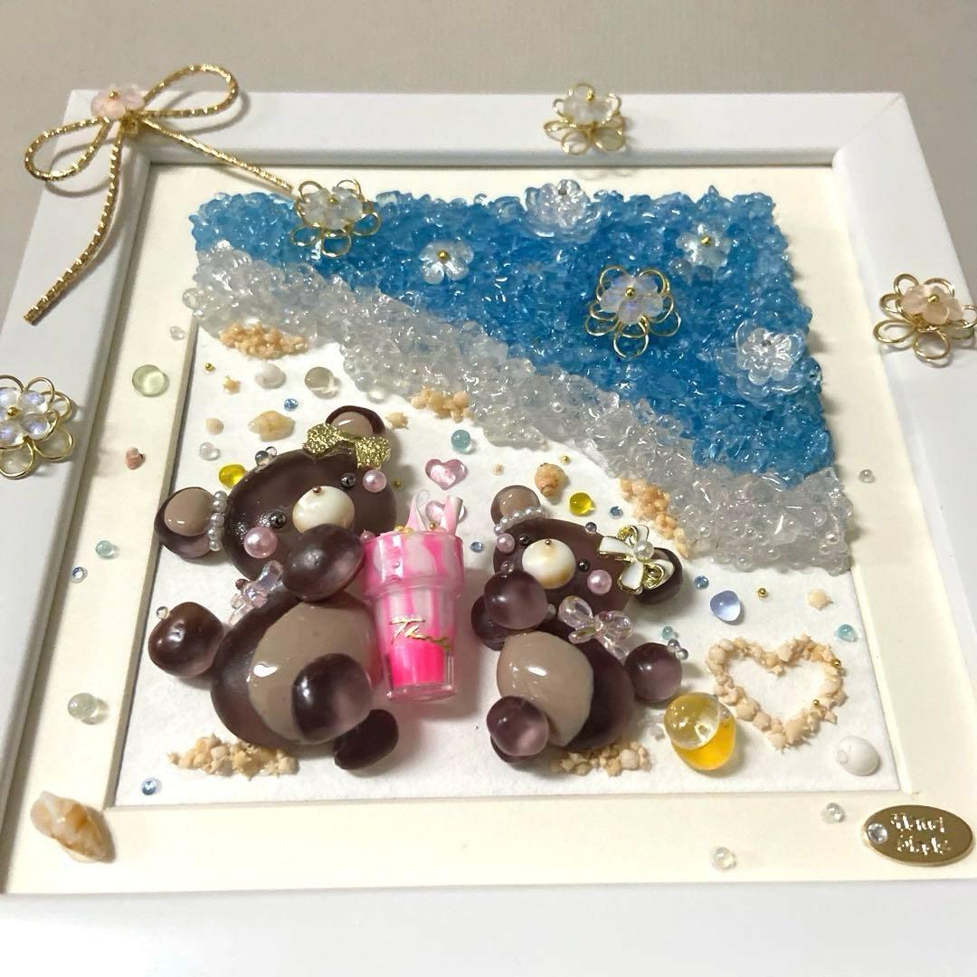 ♡親子くまさんビーチコーミング休憩中♡シーグラスアート 夏 海