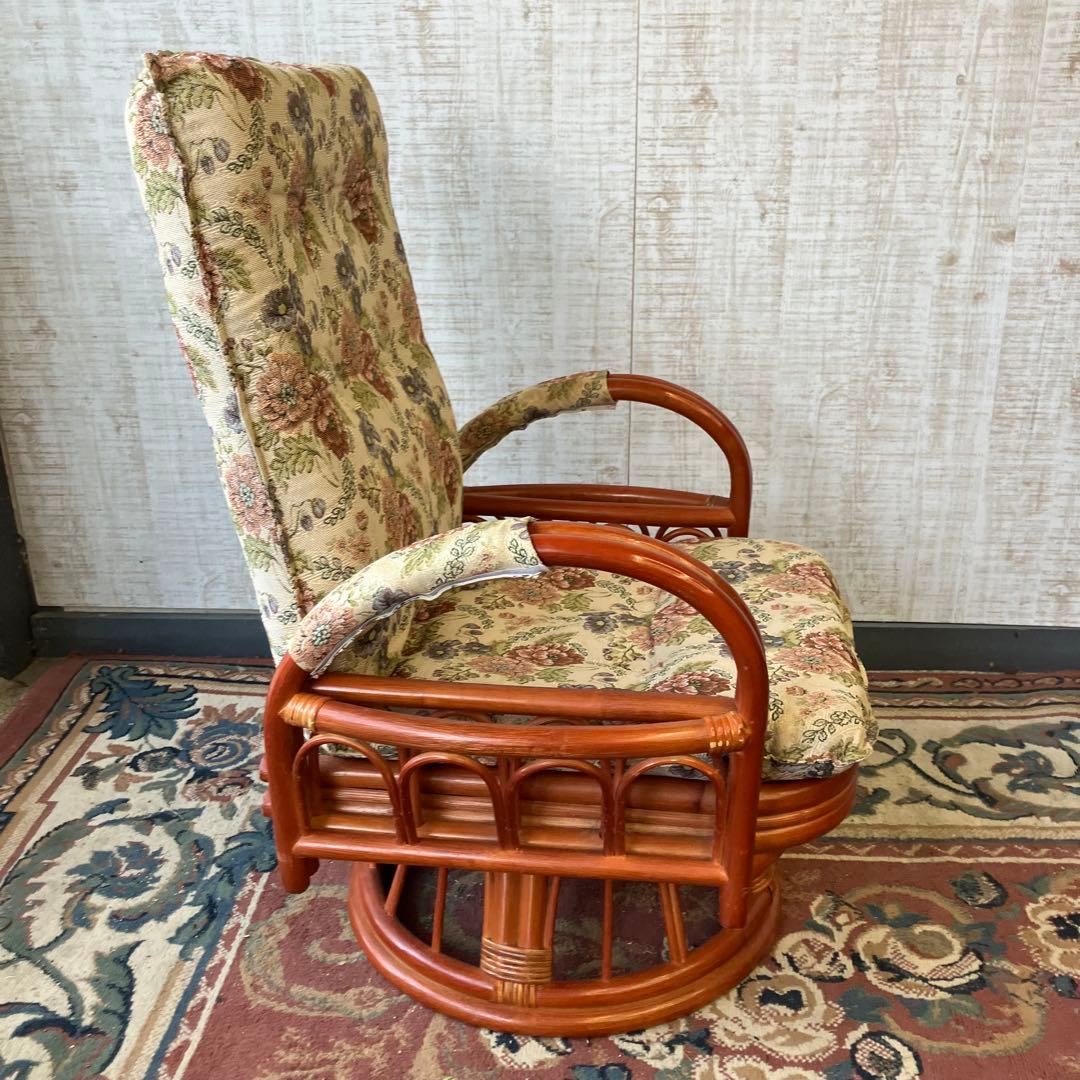 昭和レトロ 花柄ゴブラン織り 回転式ラタンリクライニングチェア アームチェア