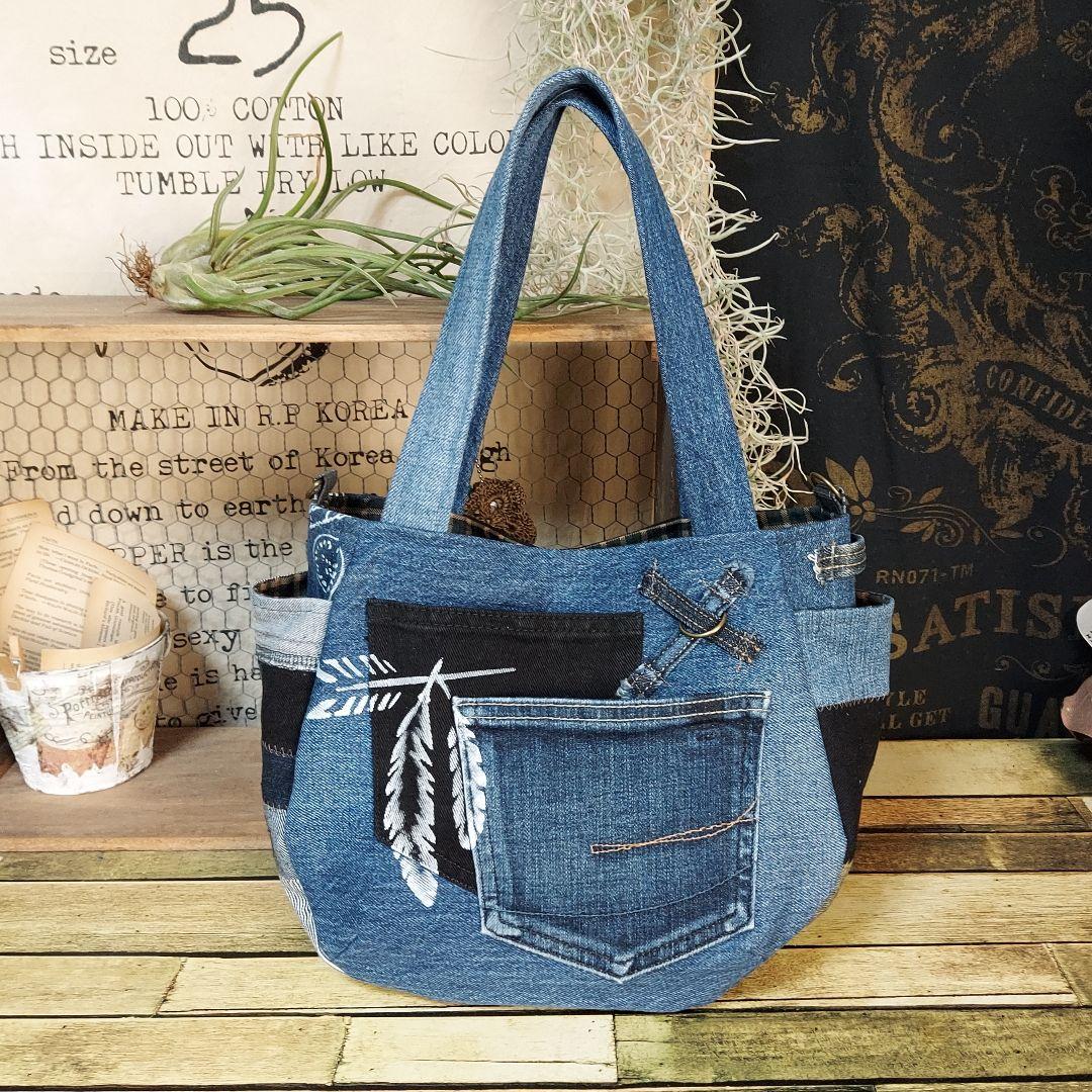 刺繍デニムバック　No.646　デニムリメイク　チューリップバック　丸いバック